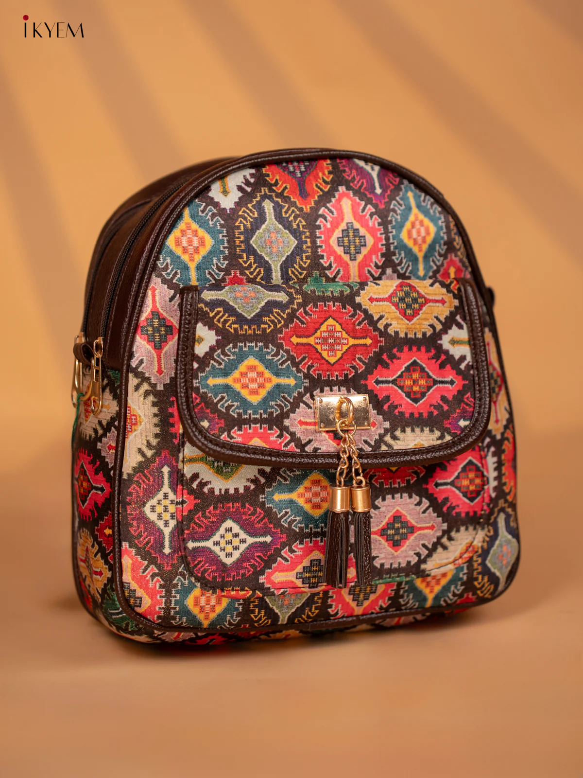 Printed Ikat Design Leather Backpack - Multi colour - KD05161 - Image 3
