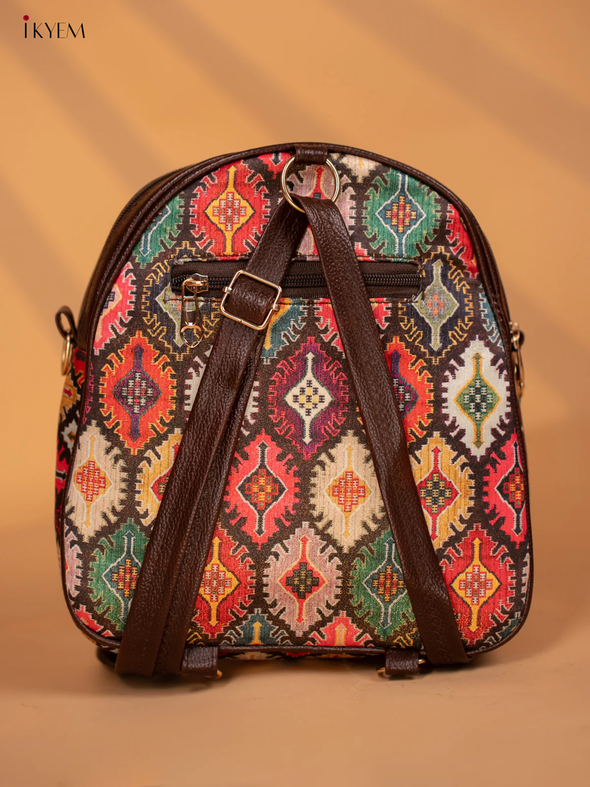 Printed Ikat Design Leather Backpack - Multi colour - KD05161 - Image 4