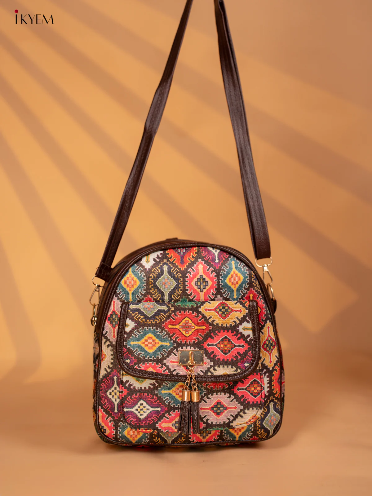 Printed Ikat Design Leather Backpack - Multi colour - KD05161 - Image 5