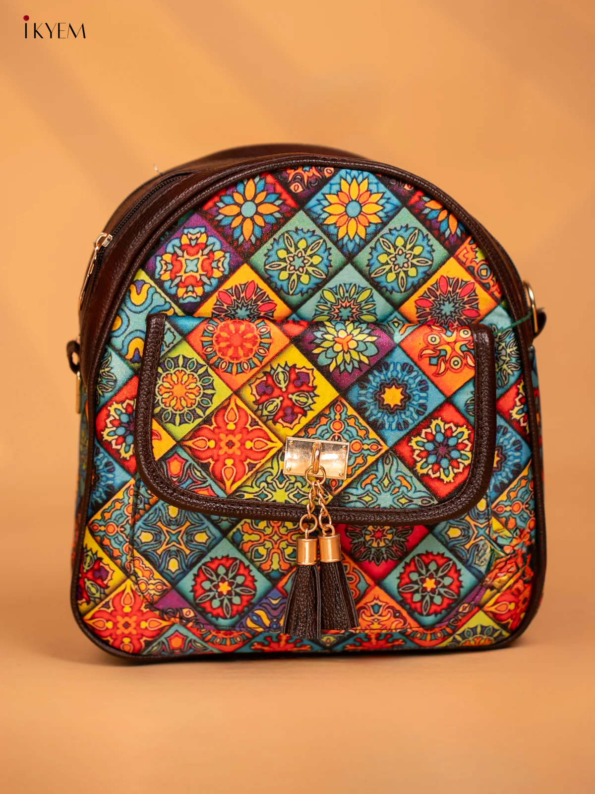 Printed Mandala Art Leather Backpack - Multi Colour - KD05162