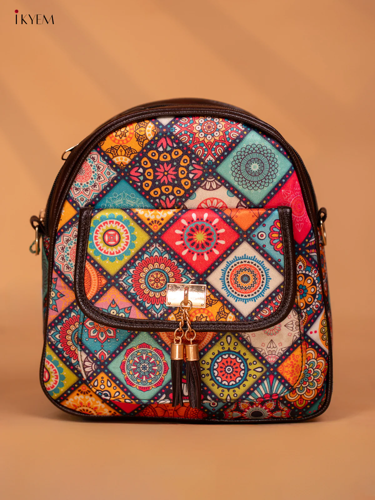 Printed Mandala Art Leather Backpack - Multi Colour - KD05163