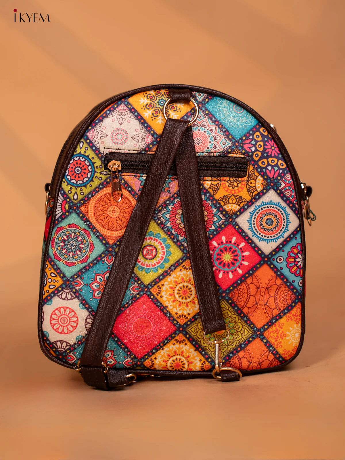 Printed Mandala Art Leather Backpack - Multi Colour - KD05163 - Image 4