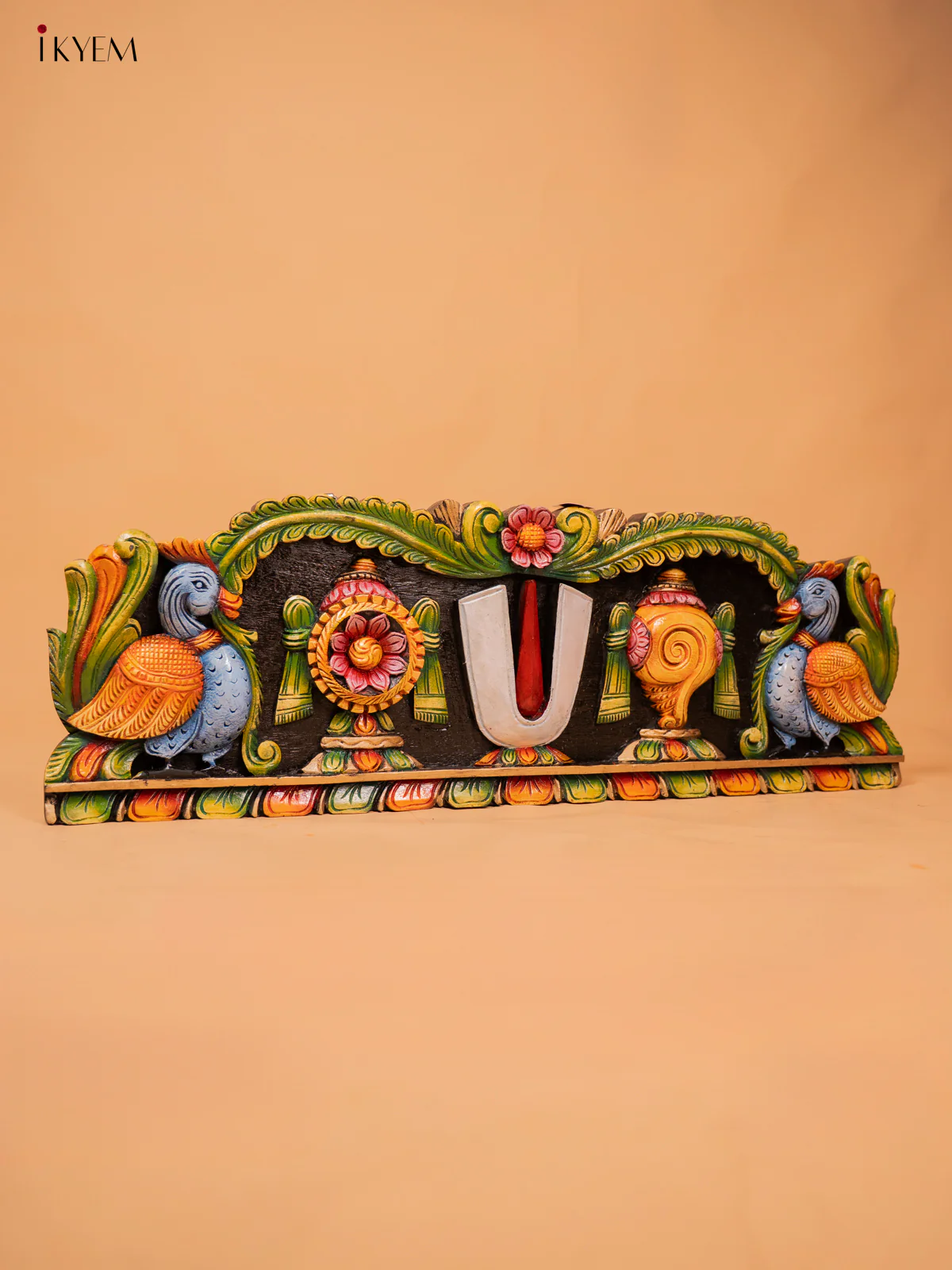Wooden Hand Carved Painted Sangu Chakram Namam Panel - KD18125 - Image 4