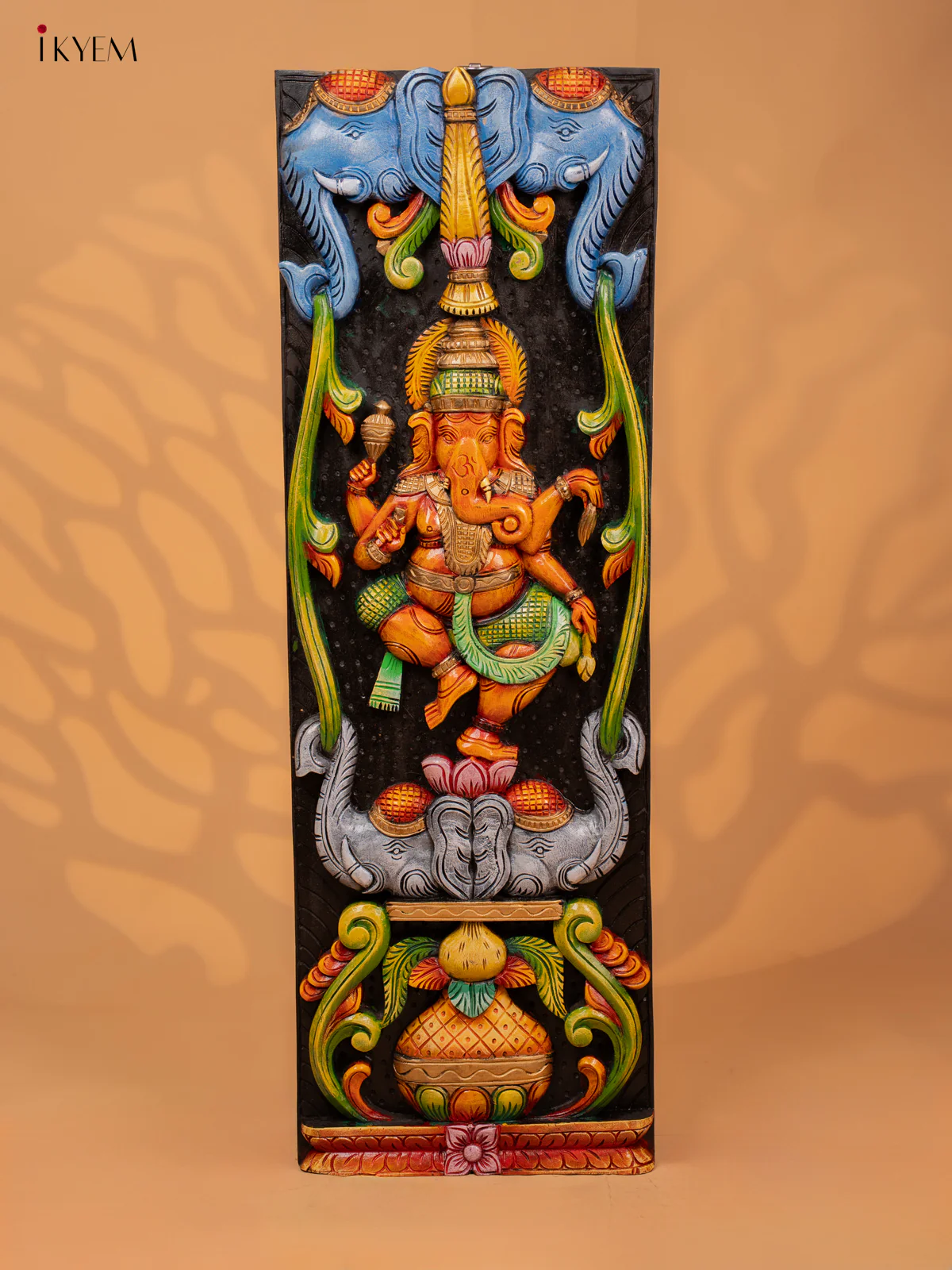 Wooden Hand Carved Painted Ganesha with Elephant Panel - 36 Inch - KD18128