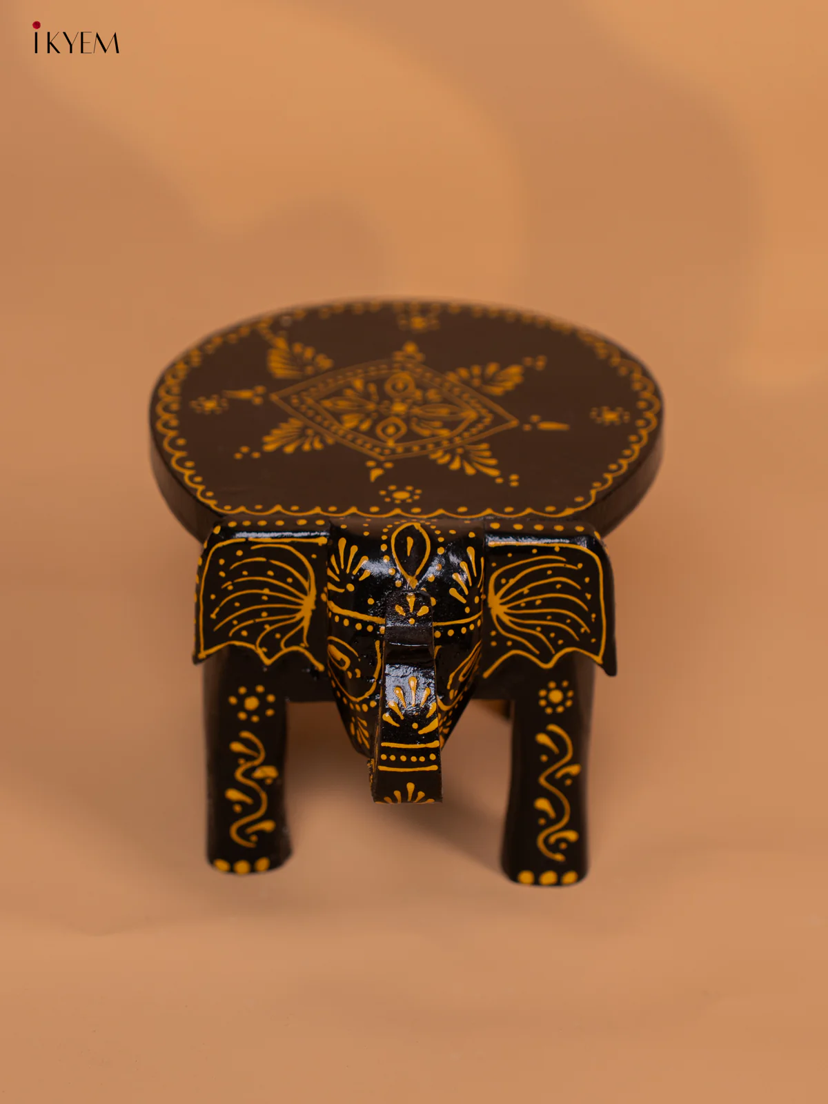 Wooden Hand painted Elephant Stool - Black with Yellow - 4 Inch- KD18149