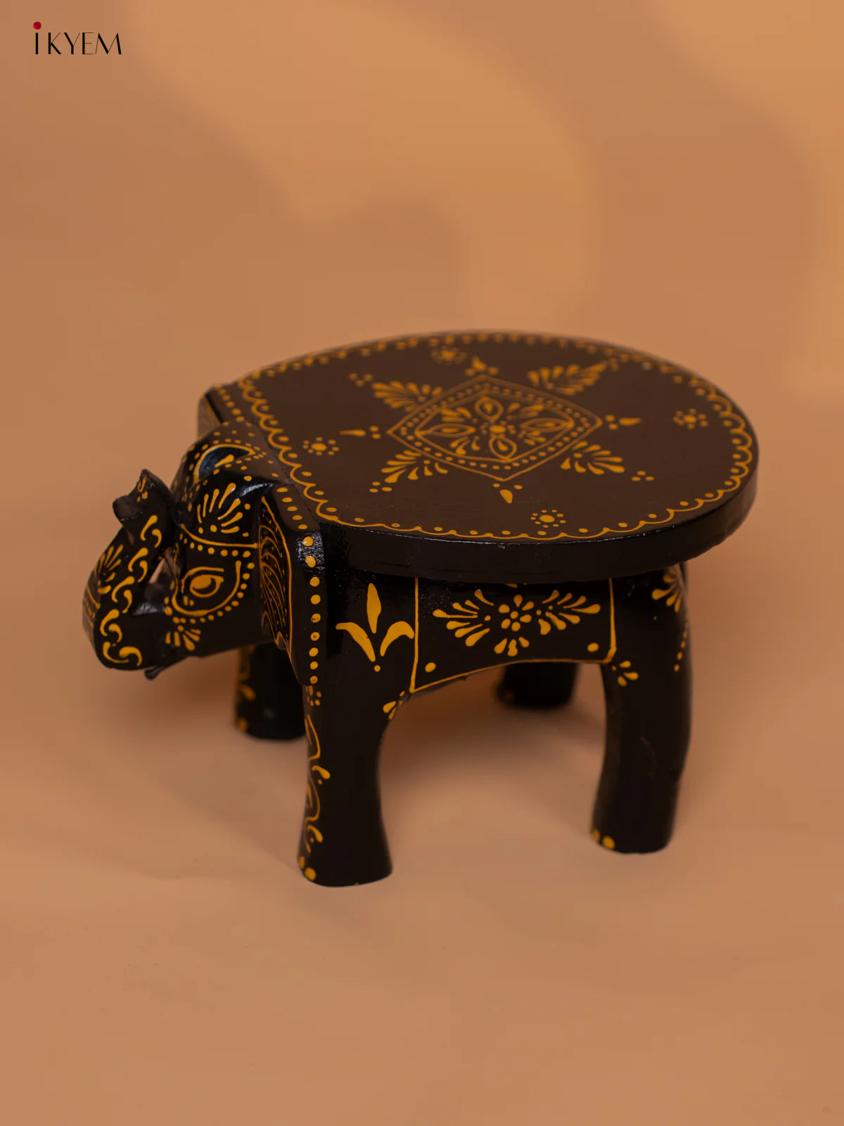 Wooden Hand painted Elephant Stool - Black with Yellow - 4 Inch- KD18149 - Image 3