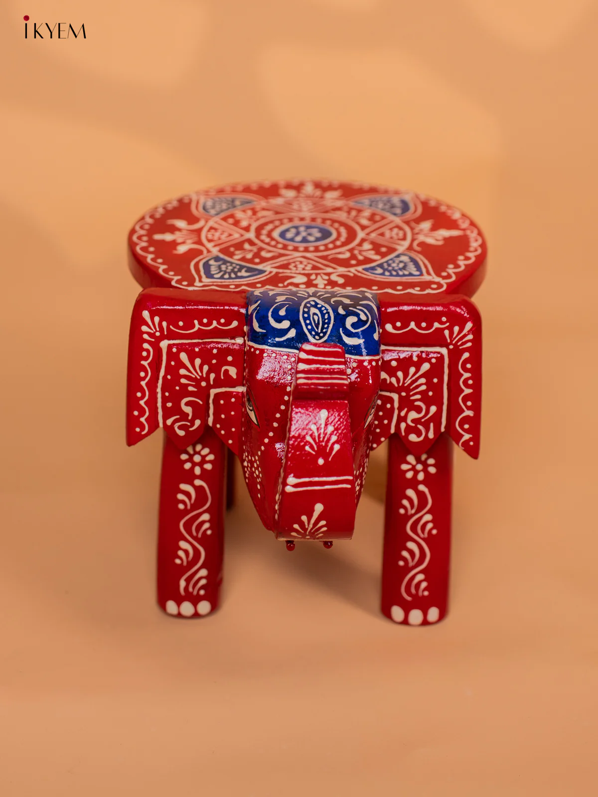 Wooden Hand painted Elephant Stool - Red with Blue - 6 Inch - KD18154