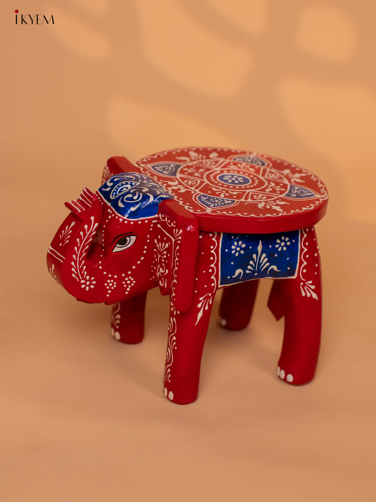 Wooden Hand painted Elephant Stool - Red with Blue - 6 Inch - KD18154 - Image 3