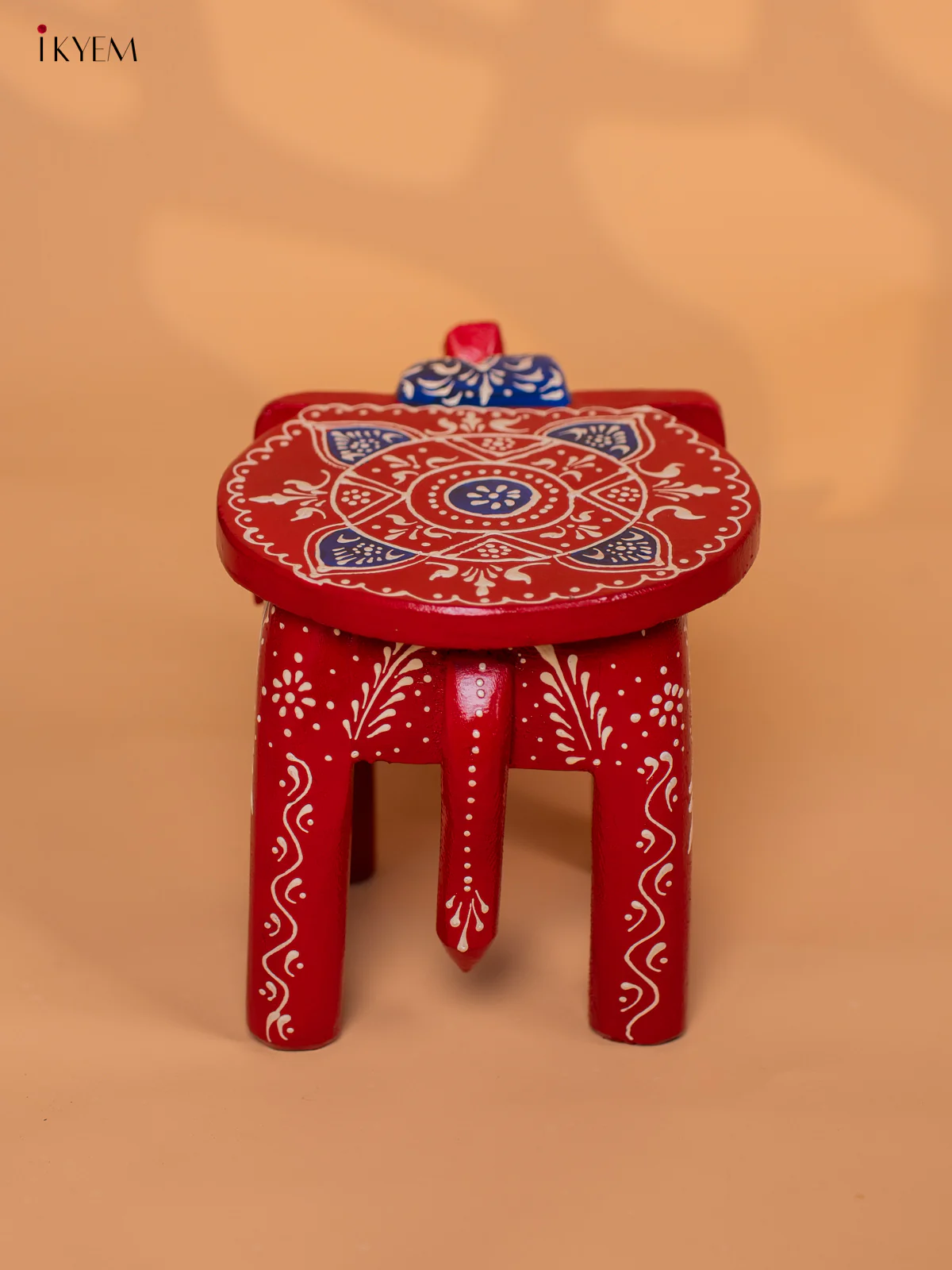 Wooden Hand painted Elephant Stool - Red with Blue - 6 Inch - KD18154 - Image 4