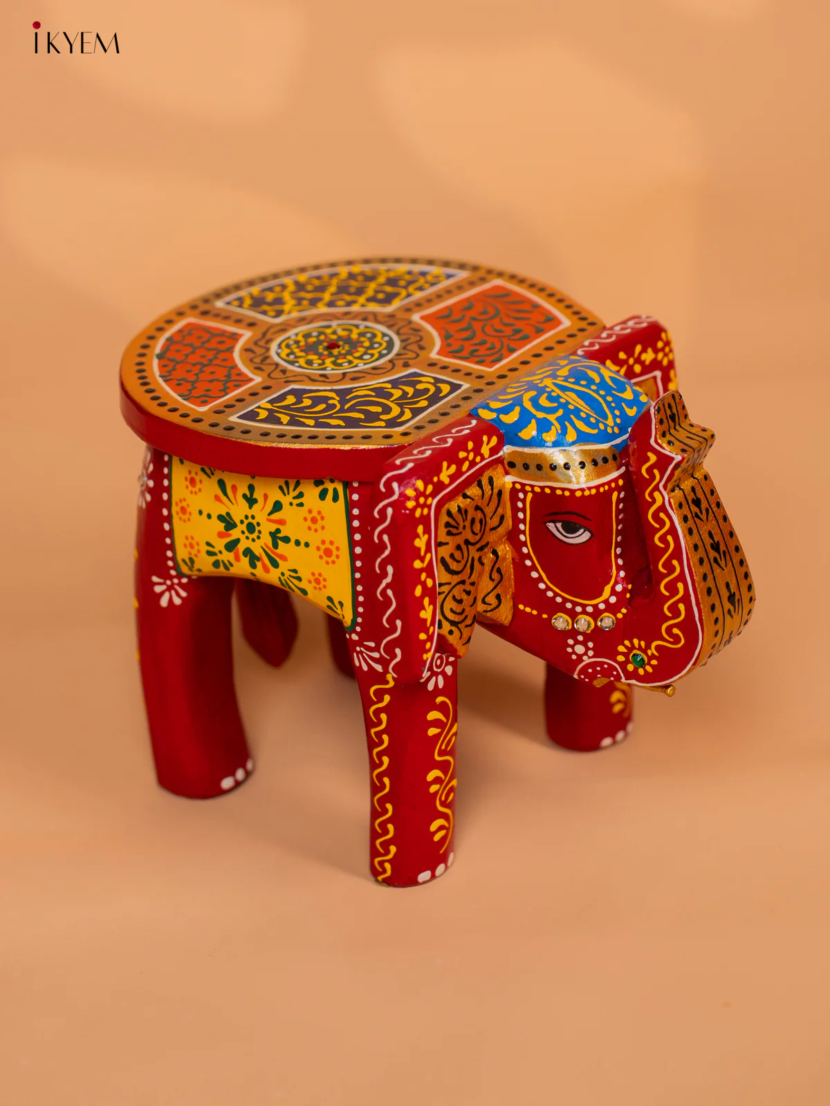 Hand-Painted Wooden Elephant Stool - Red - 6 Inches - KD18155 - Image 2