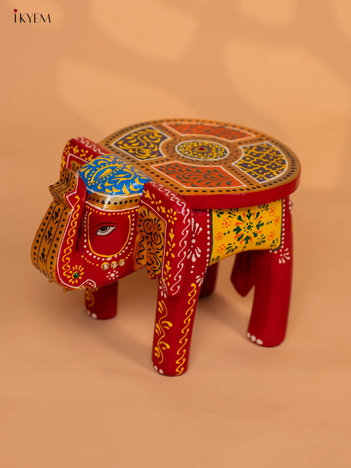 Hand-Painted Wooden Elephant Stool - Red - 6 Inches - KD18155 - Image 3