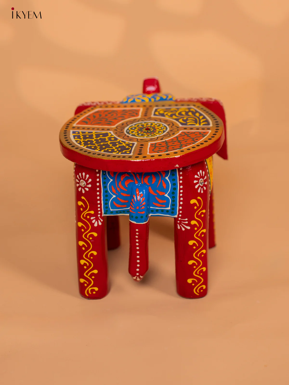 Hand-Painted Wooden Elephant Stool - Red - 6 Inches - KD18155 - Image 4
