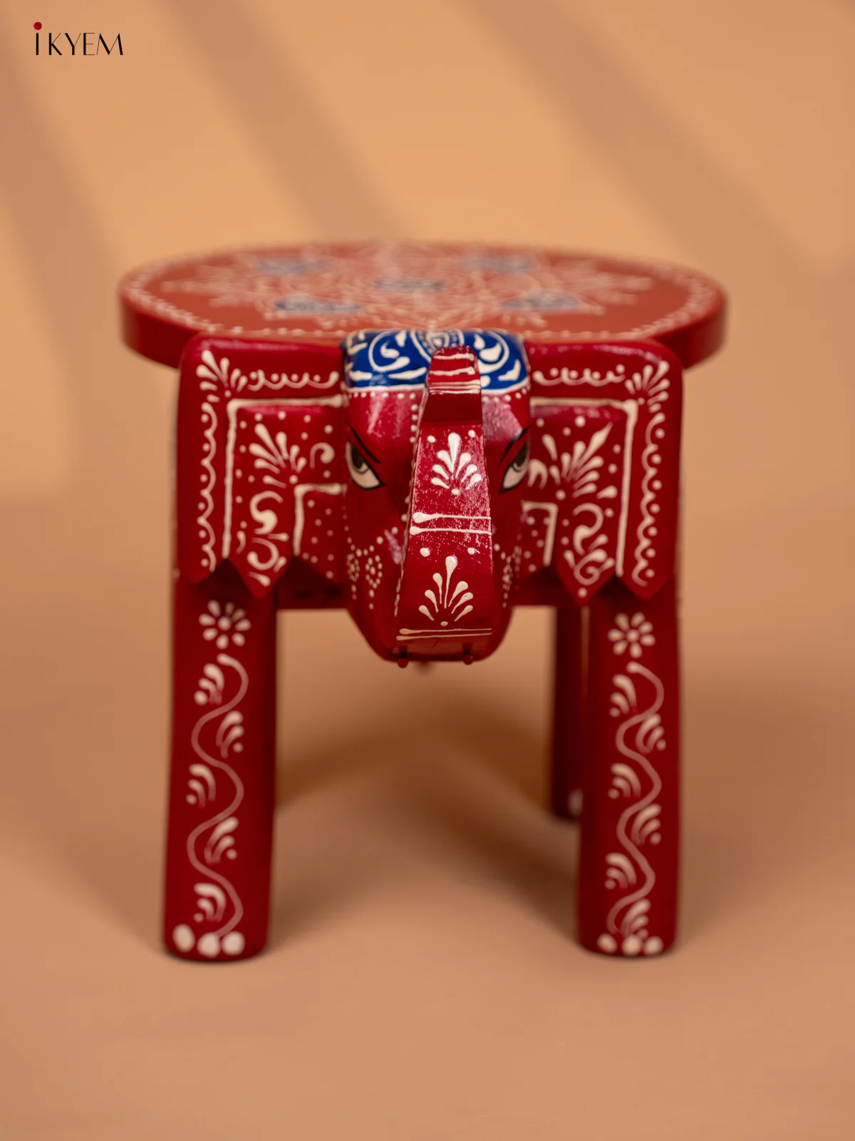 WOODEN HANDPAINTED ELEPHANT STOOL -RED WITH BLUE- 8INCH - KD18160 - Image 2