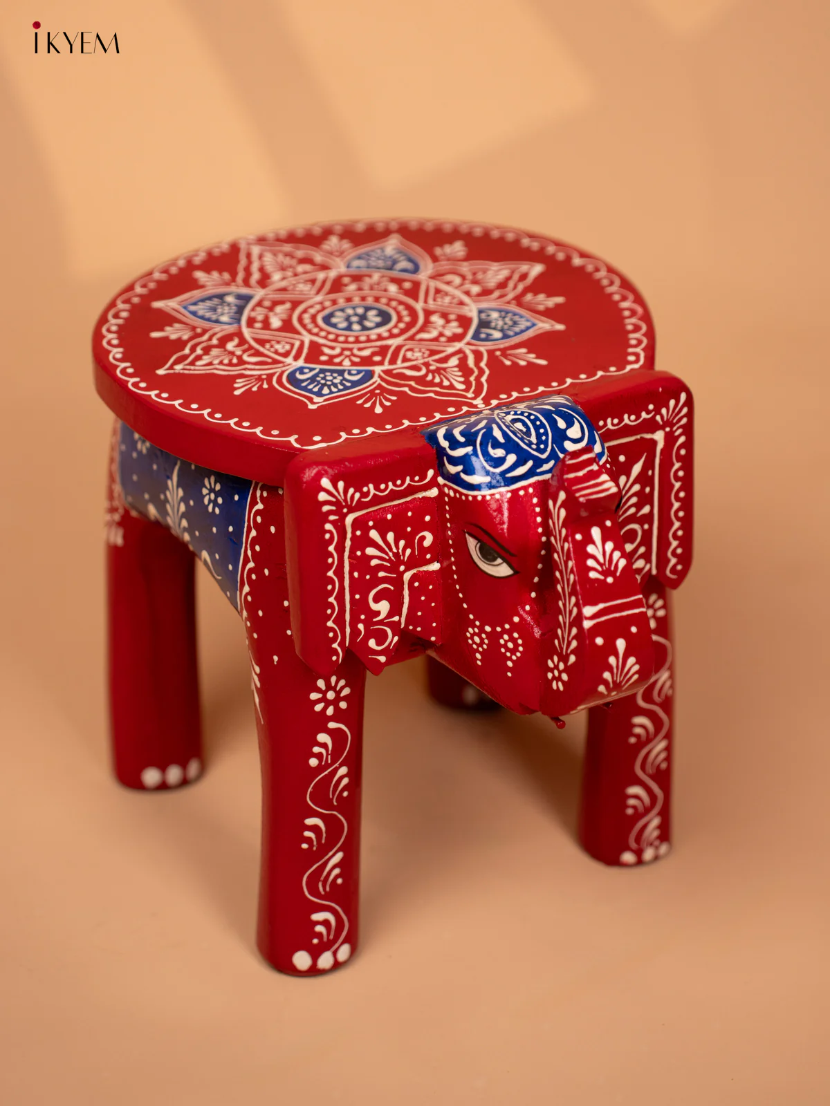 WOODEN HANDPAINTED ELEPHANT STOOL -RED WITH BLUE- 8INCH - KD18160 - Image 4