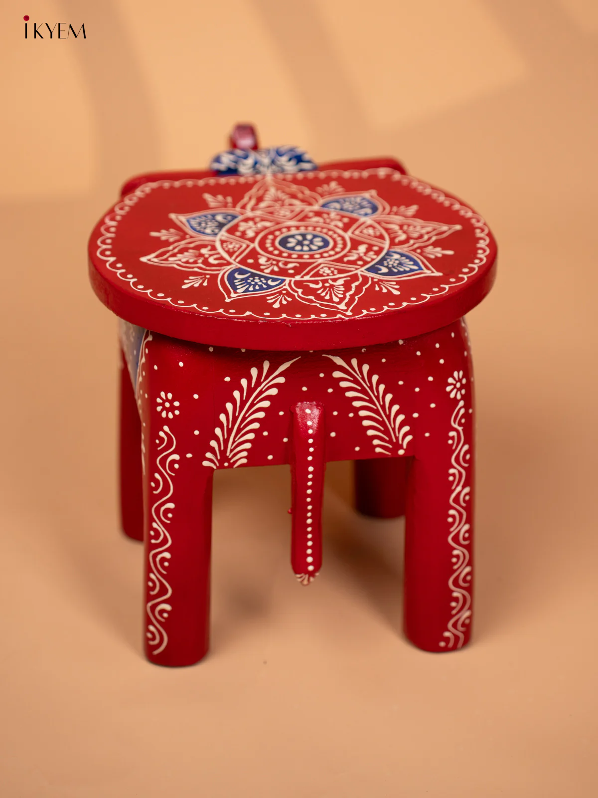 WOODEN HANDPAINTED ELEPHANT STOOL -RED WITH BLUE- 8INCH - KD18160 - Image 5