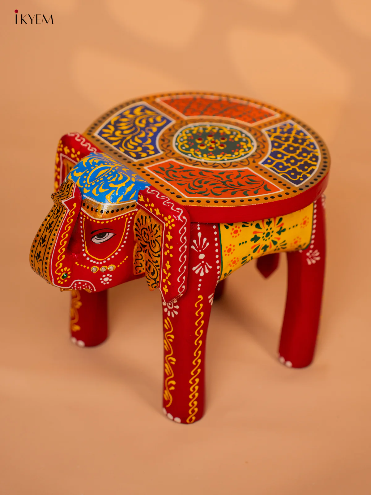 Wooden Hand painted Elephant Stool - Red with Yellow - 8 Inch - KD18161 - Image 3