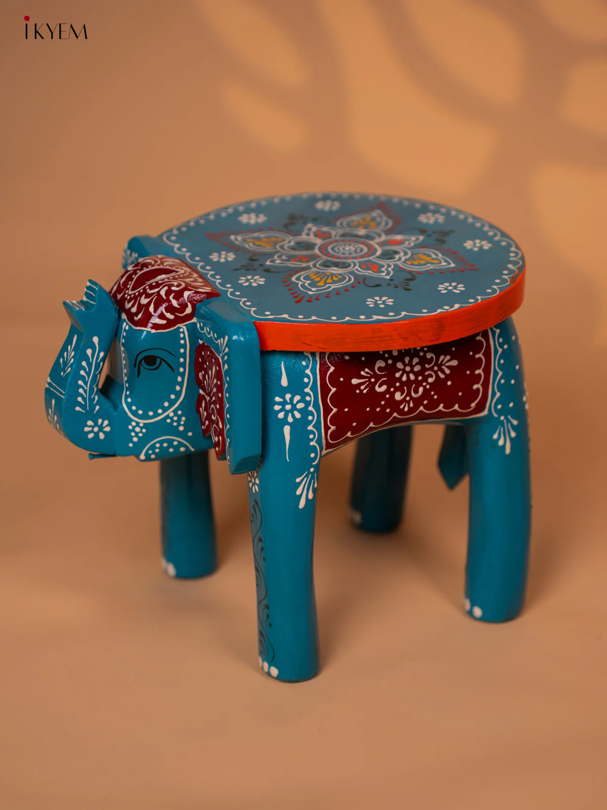 Wooden Hand painted Elephant Stool - Sky Blue- 8 Inch - KD18162 - Image 3