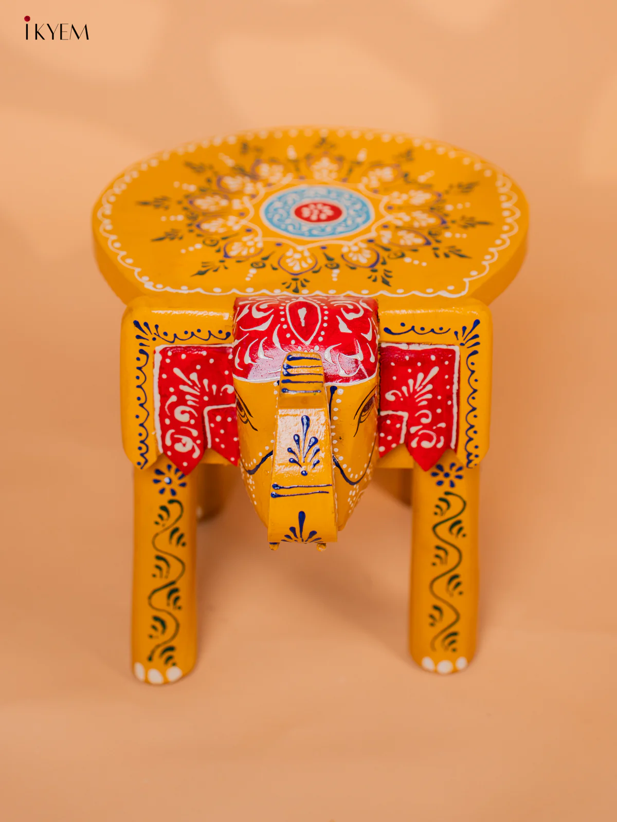Wooden Hand painted Elephant Stool - Yellow- 8 Inch - KD18163