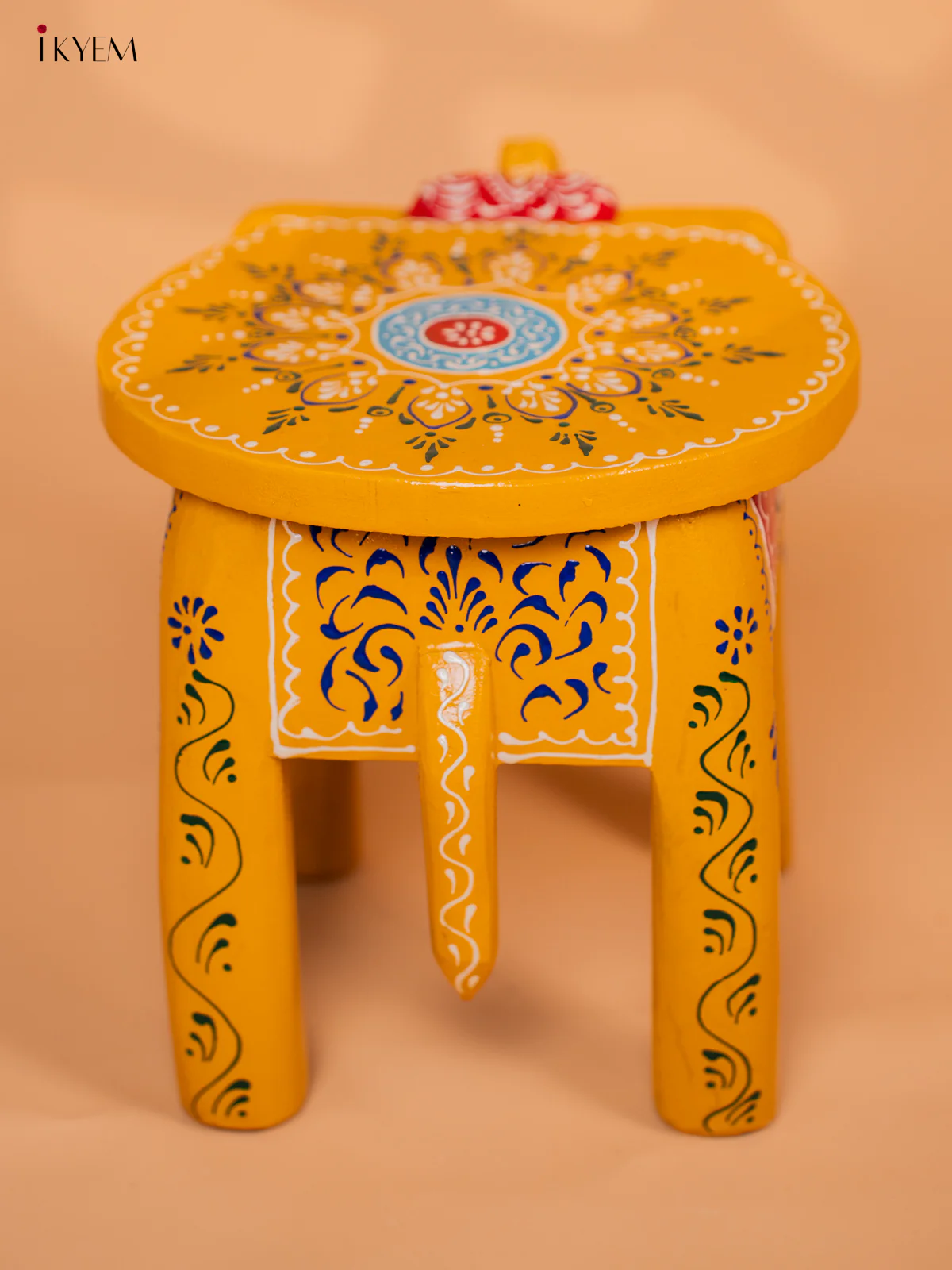 Wooden Hand painted Elephant Stool - Yellow- 8 Inch - KD18163 - Image 4