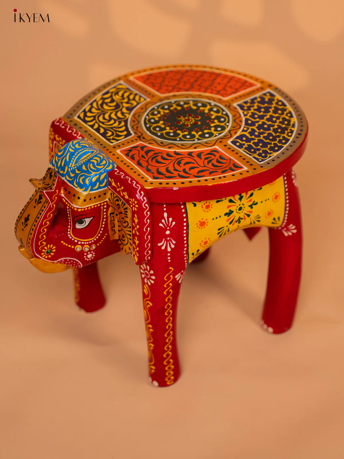 Hand-Painted Wooden Elephant Stool - Red - 12 Inches - KD18166 - Image 3
