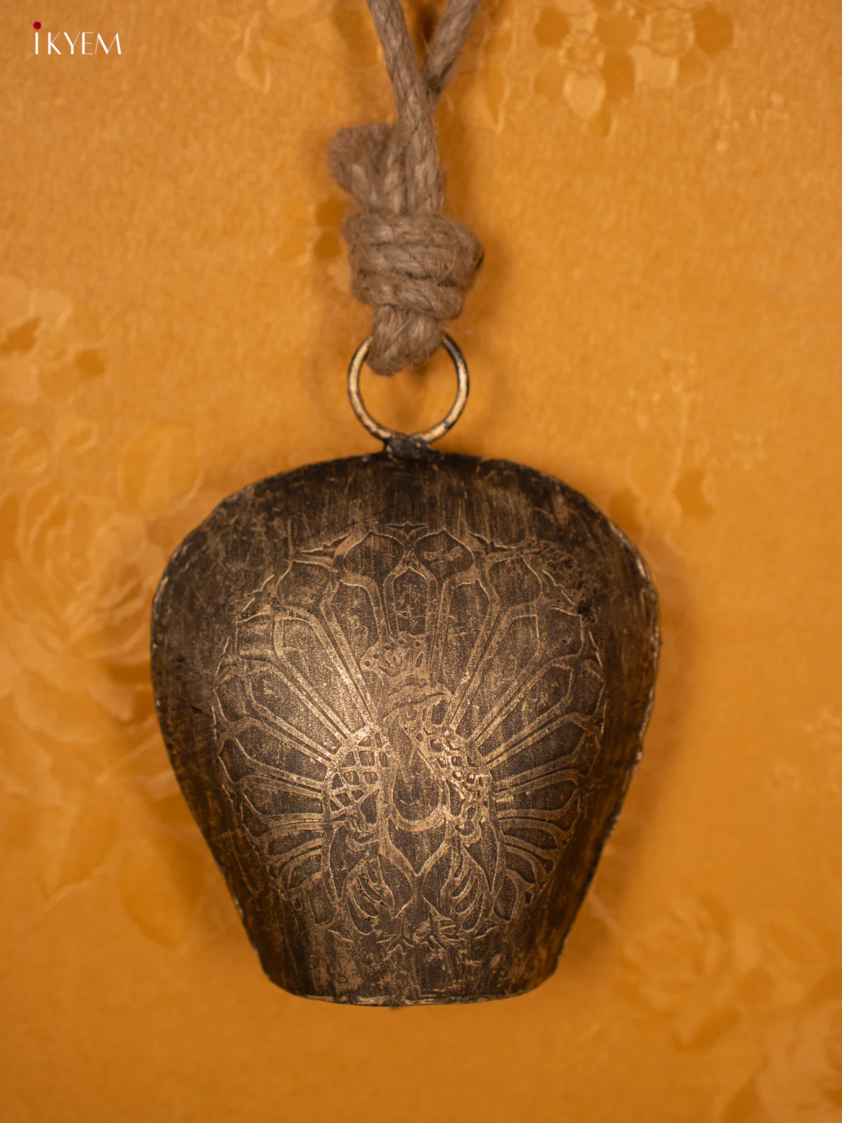 Metal Cow Bell with PEACOCK Engraving & Rope Handle- 5INCH - Image 2
