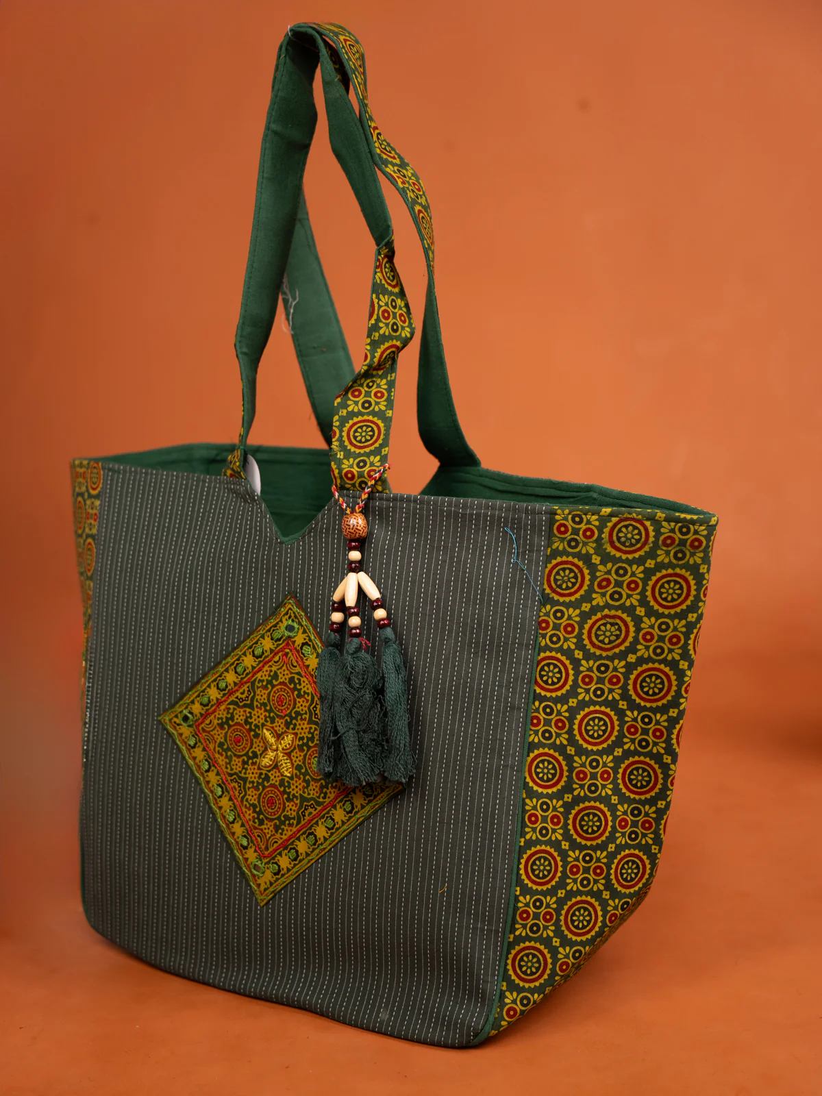 Ajrakh Aari work Hand bag - Green - Image 2