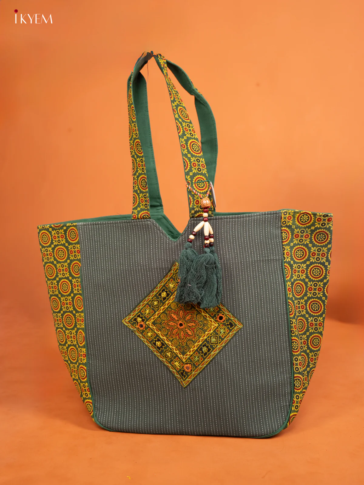Ajrakh Aari work Hand bag - Green - KD26177