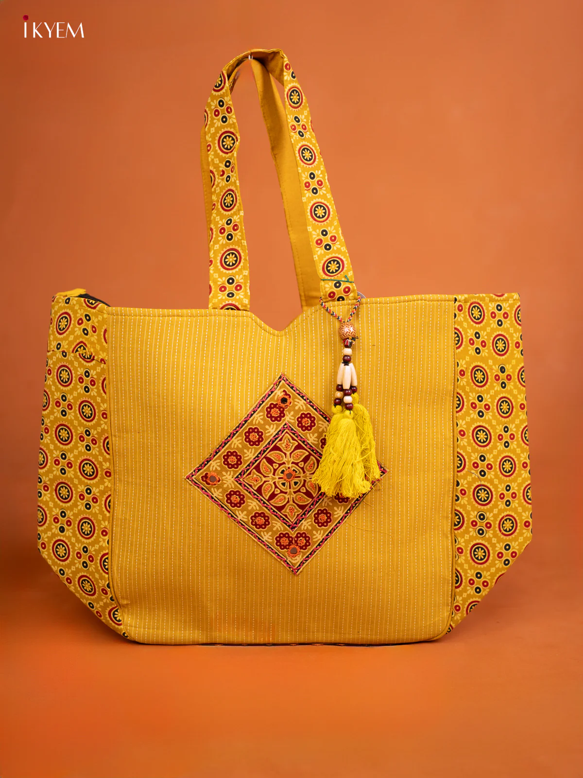 Ajrakh Aari work Hand bag - Yellow