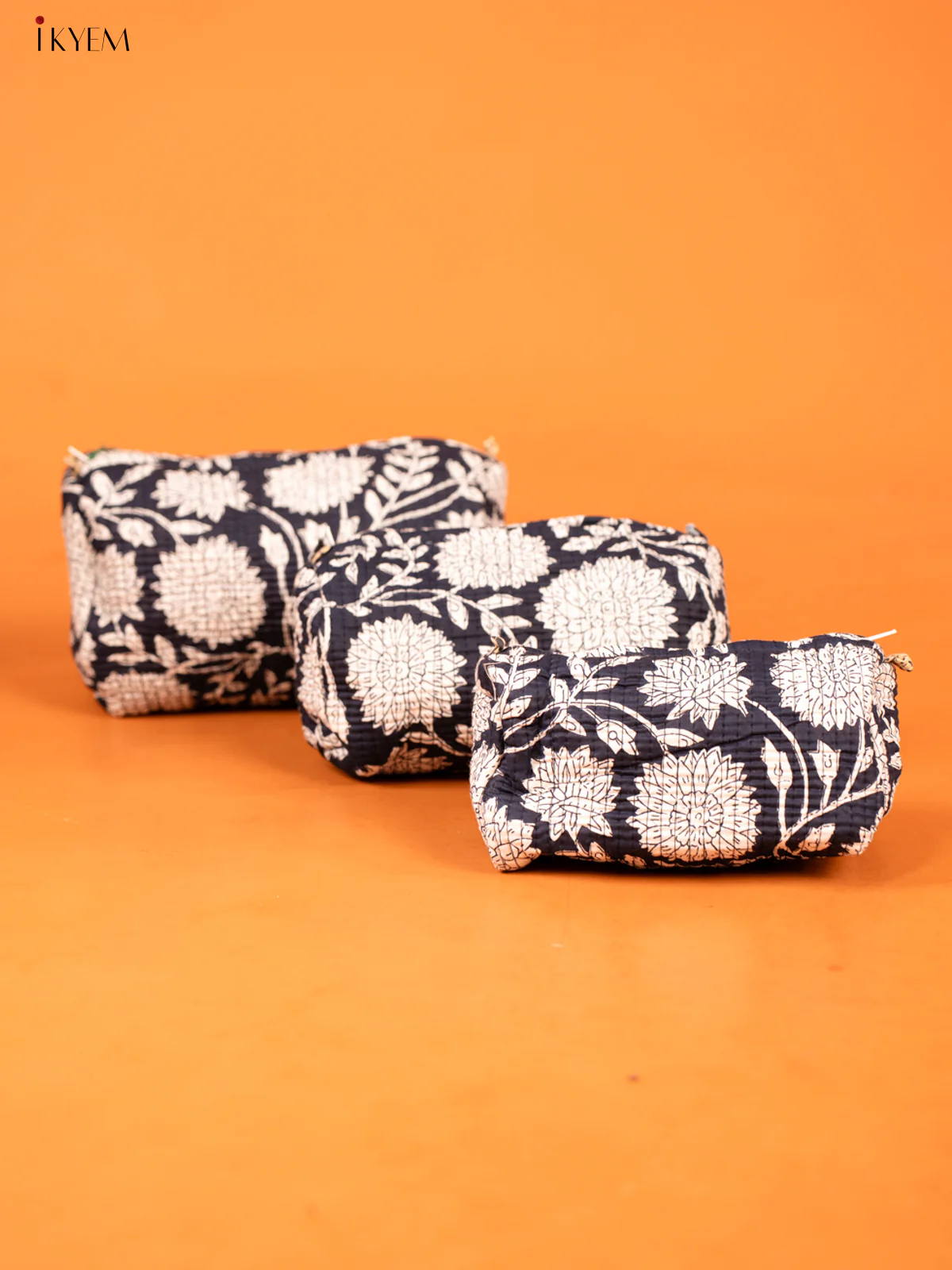 Cotton printed Pouch - Set of 3 - Navy blue with White - KD26311