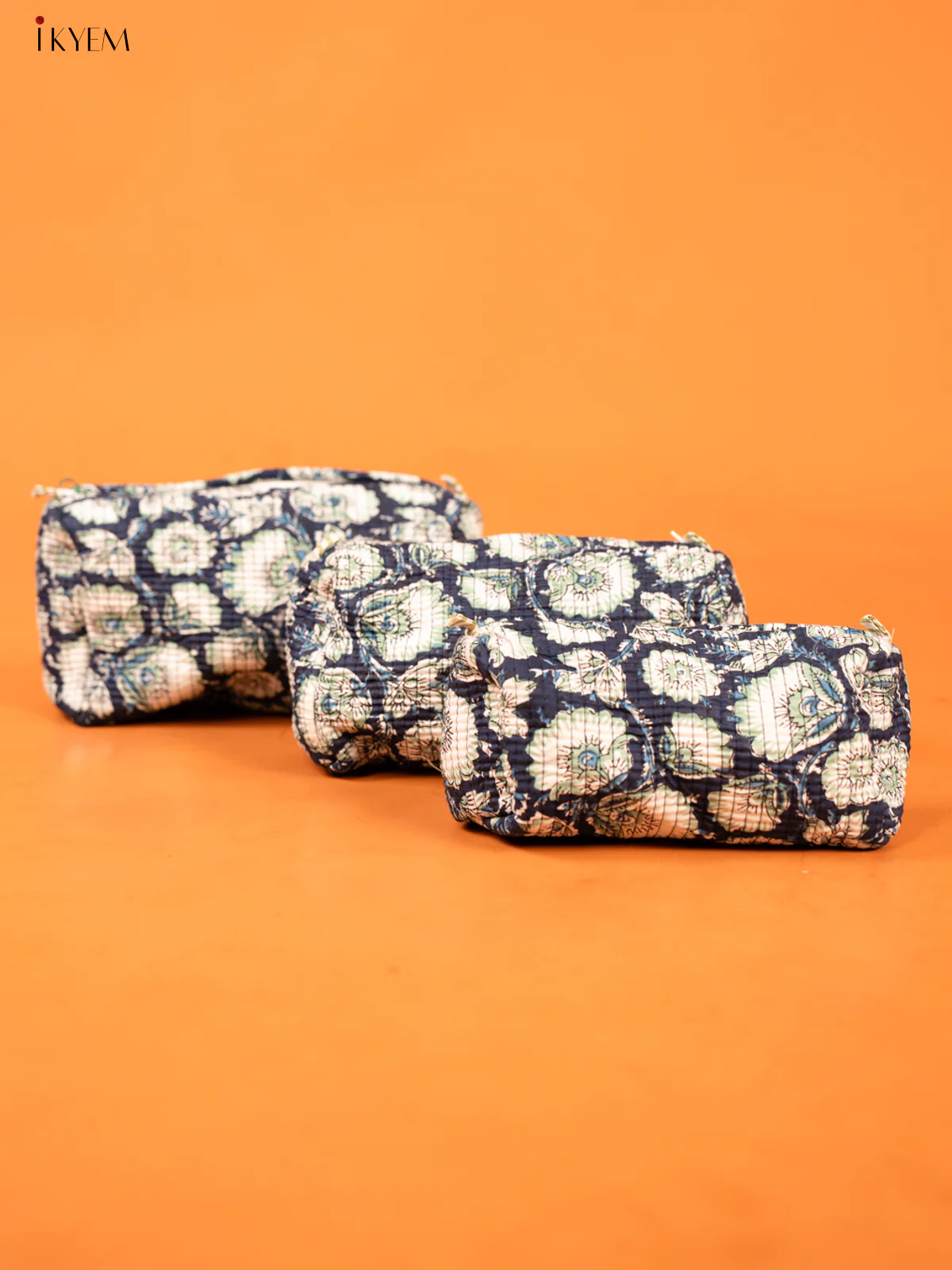 Cotton printed Pouch - Set of 3 - Navy blue with white - KD26319