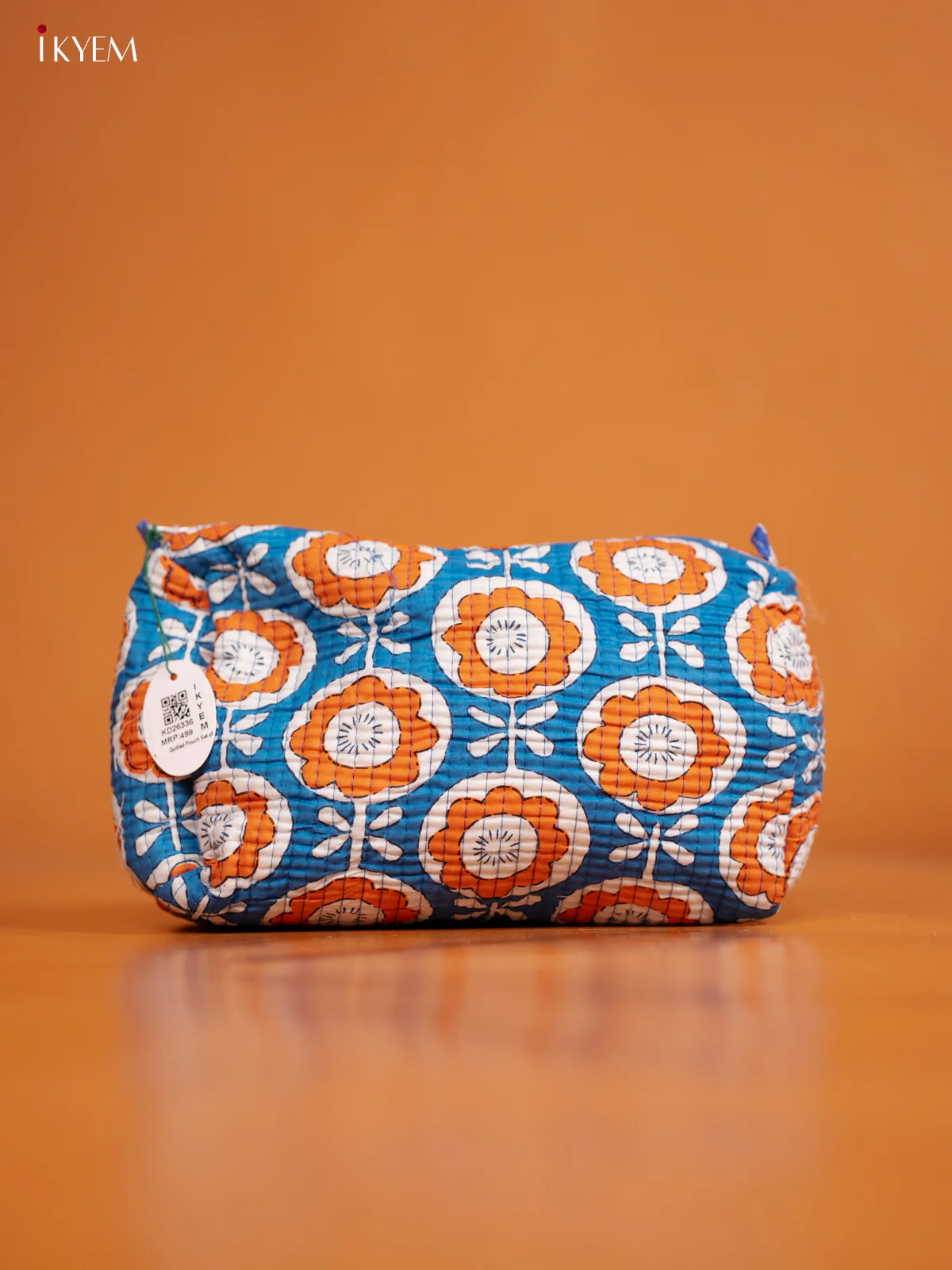 Cotton printed Pouch - Set of 3 - Blue with Orange - KD26336 - Image 2