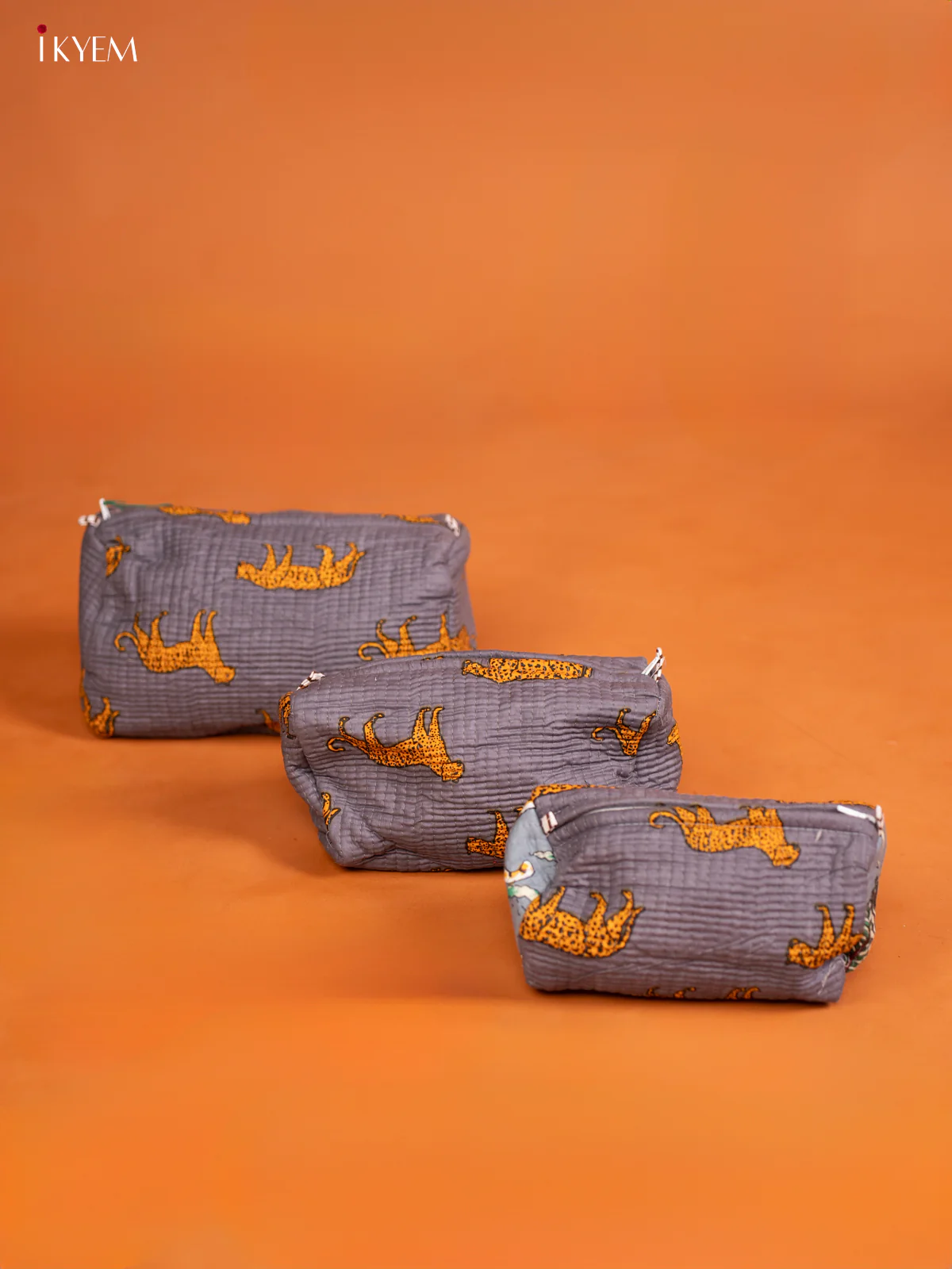 Cotton printed Pouch - Set of 3 - Grey - KD26339