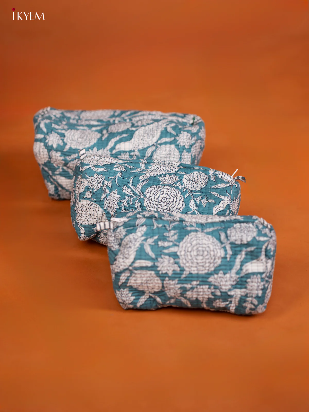 Cotton printed Pouch - Set of 3 - Blue with white - KD26342