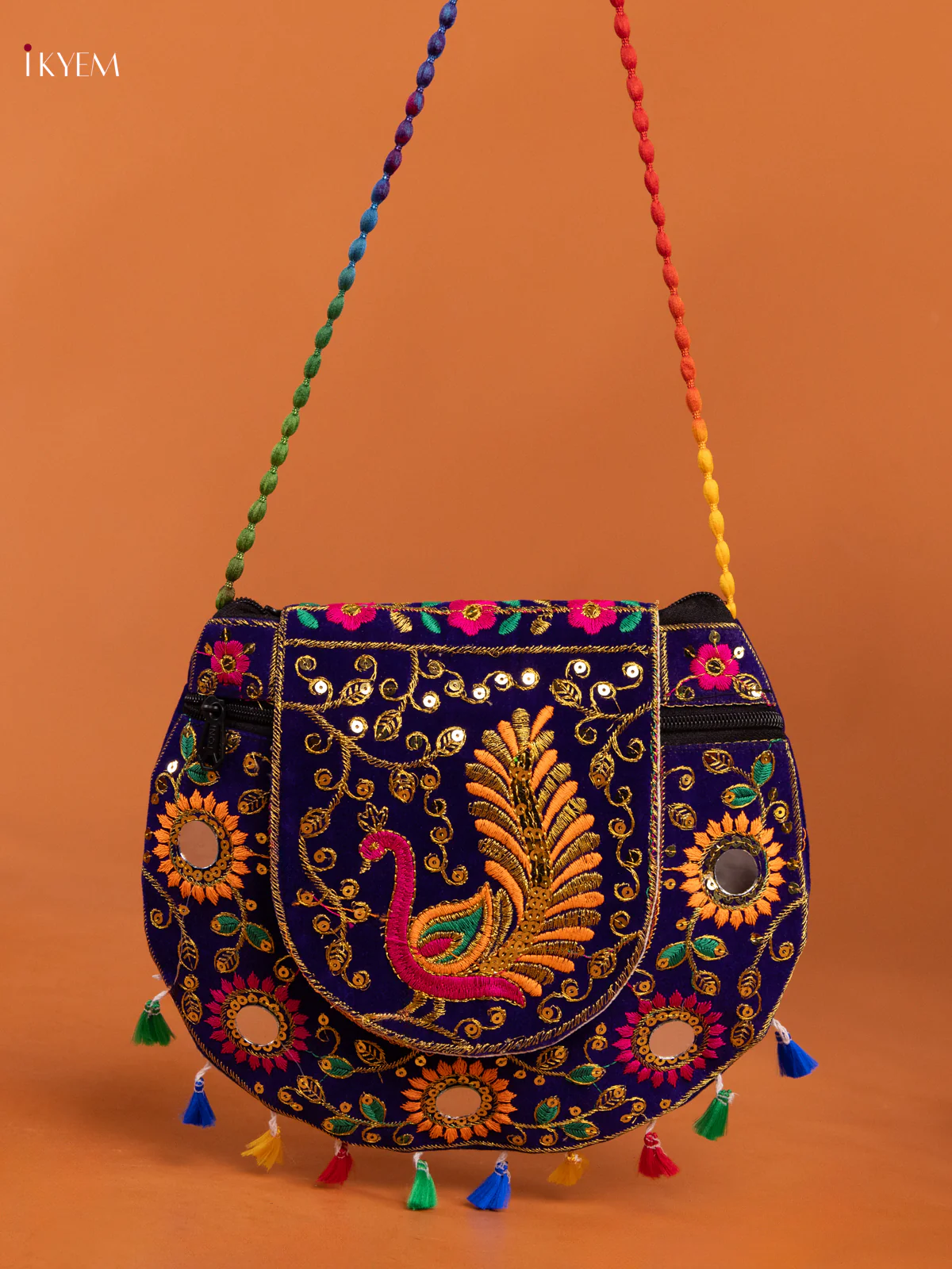 Embroidery Rajasthani Ethnic Peacock Design Sling Bag - Blue - KD26418