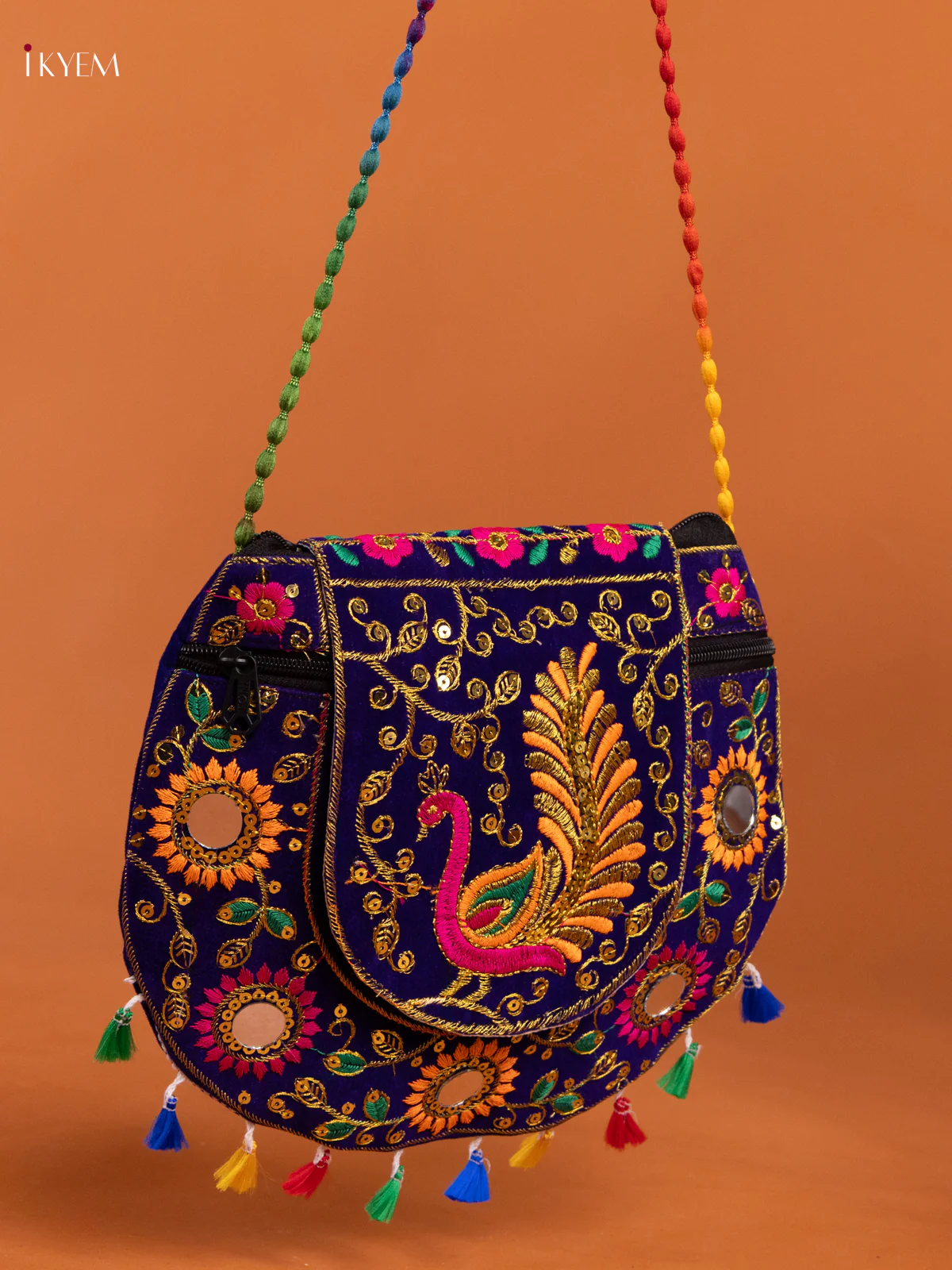 Embroidery Rajasthani Ethnic Peacock Design Sling Bag - Blue - KD26418 - Image 2