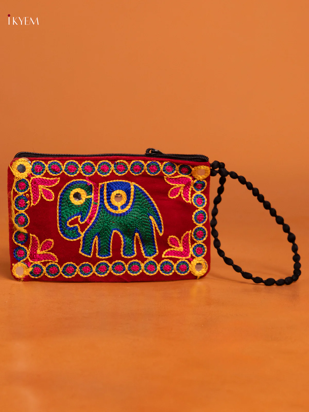 Velvet Embroidered Elephant Design Purse - Red - KD26435