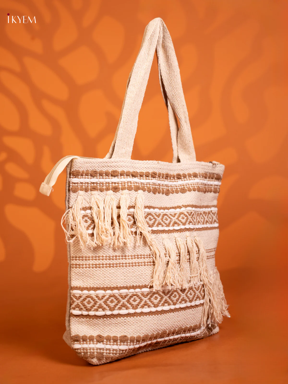 Boho Tote Cloth Bag  White With  Brown - Image 2