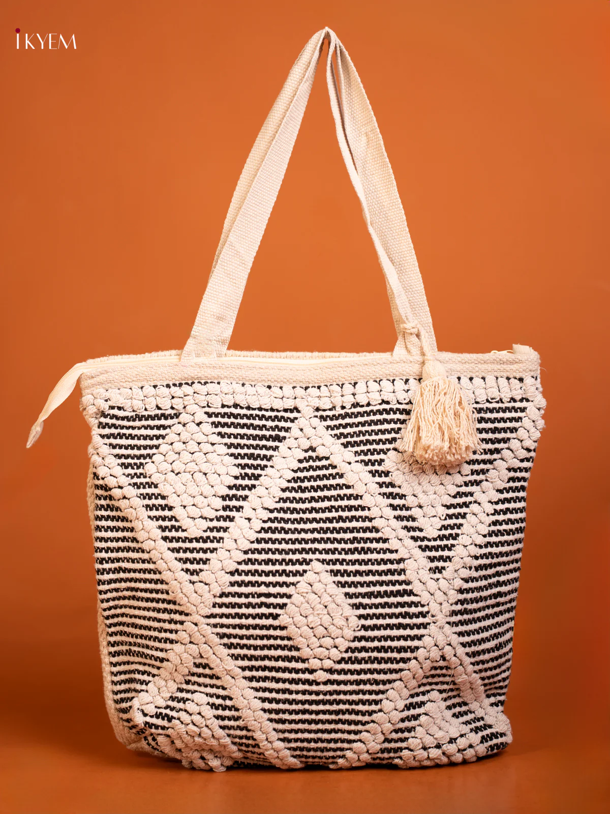 Boho Tote Cloth Bag  White With  Black