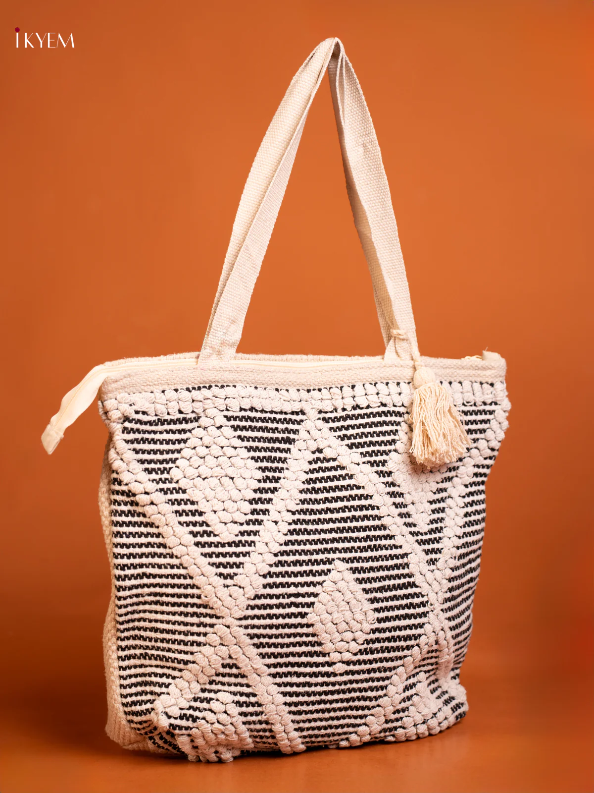 Boho Tote Cloth Bag  White With  Black - Image 2