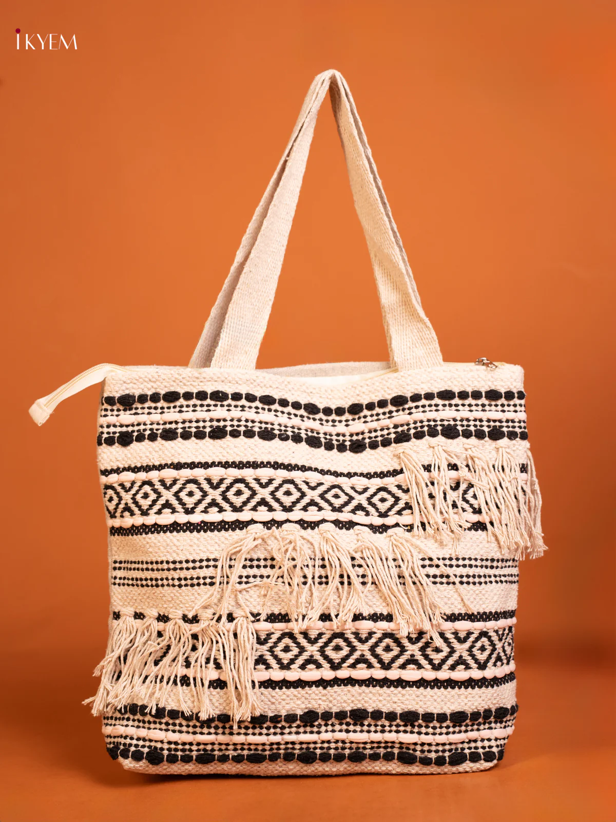 Boho Pattern Jaquard Tote Bag - Black - KD26479