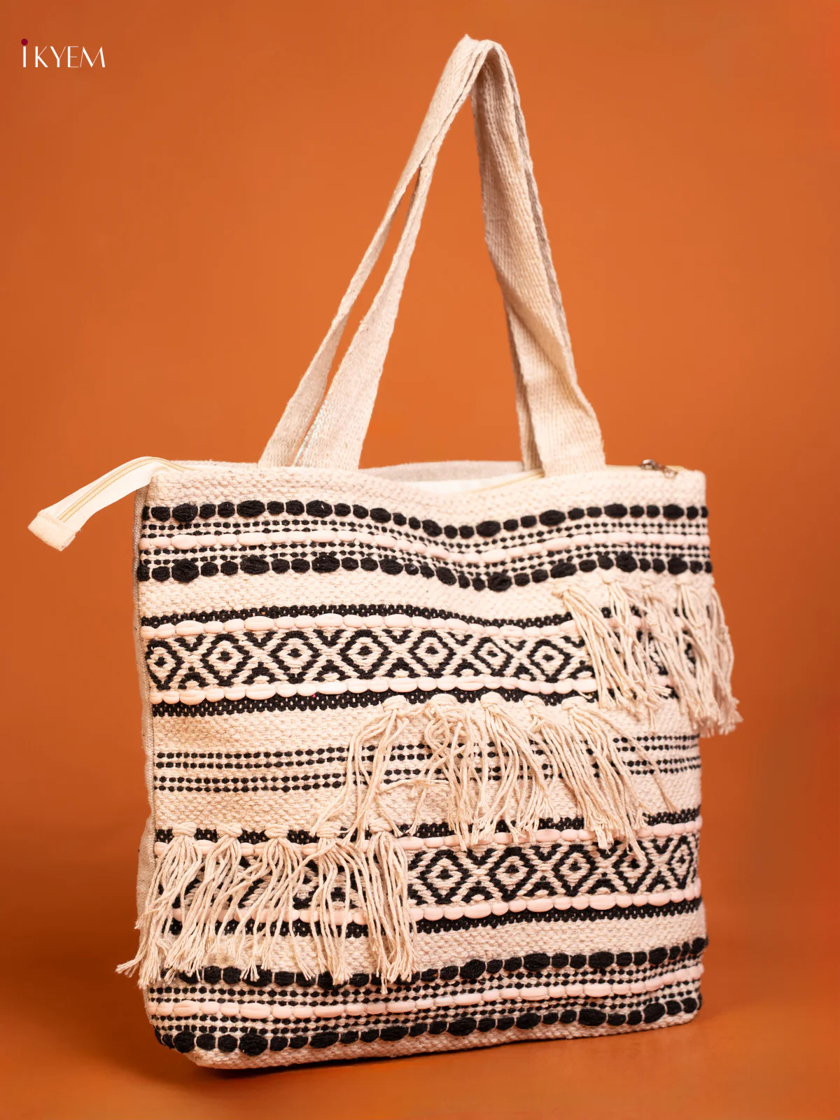 Boho Pattern Jaquard Tote Bag - Black - KD26479 - Image 2