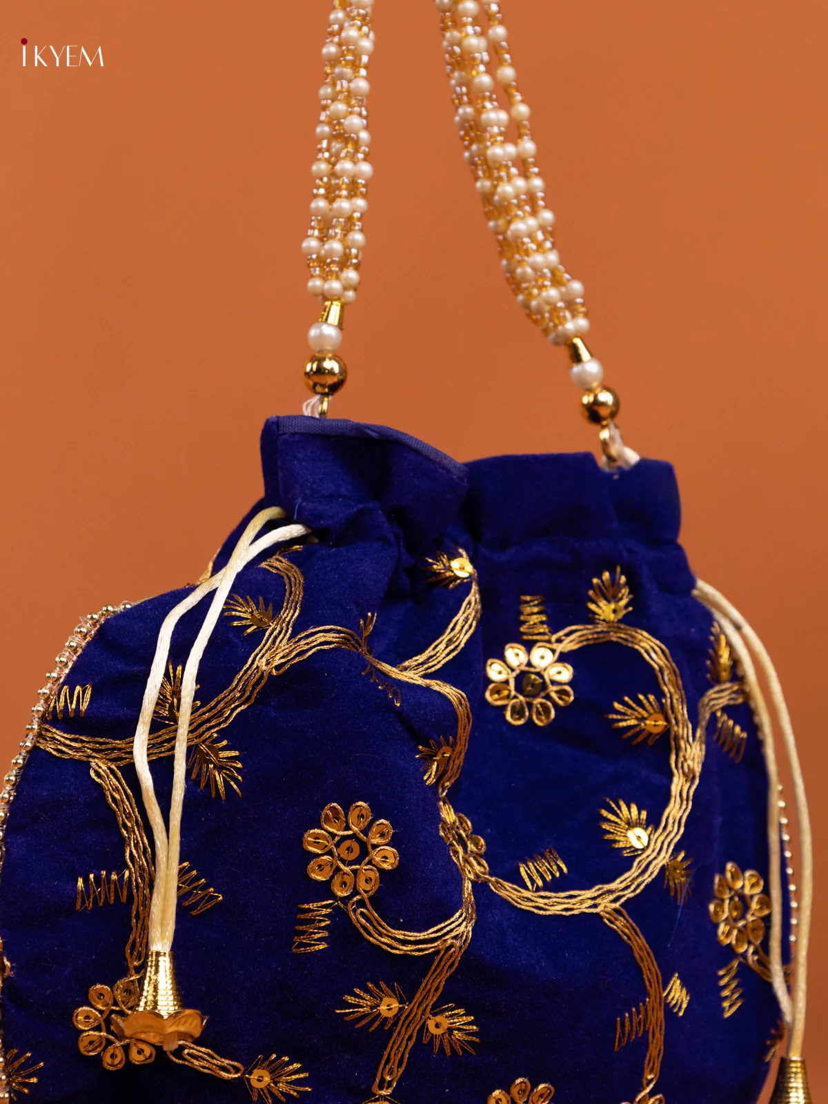 Floral Design gold zari work Potli Bag -  Navy Blue - KD26495 - Image 2
