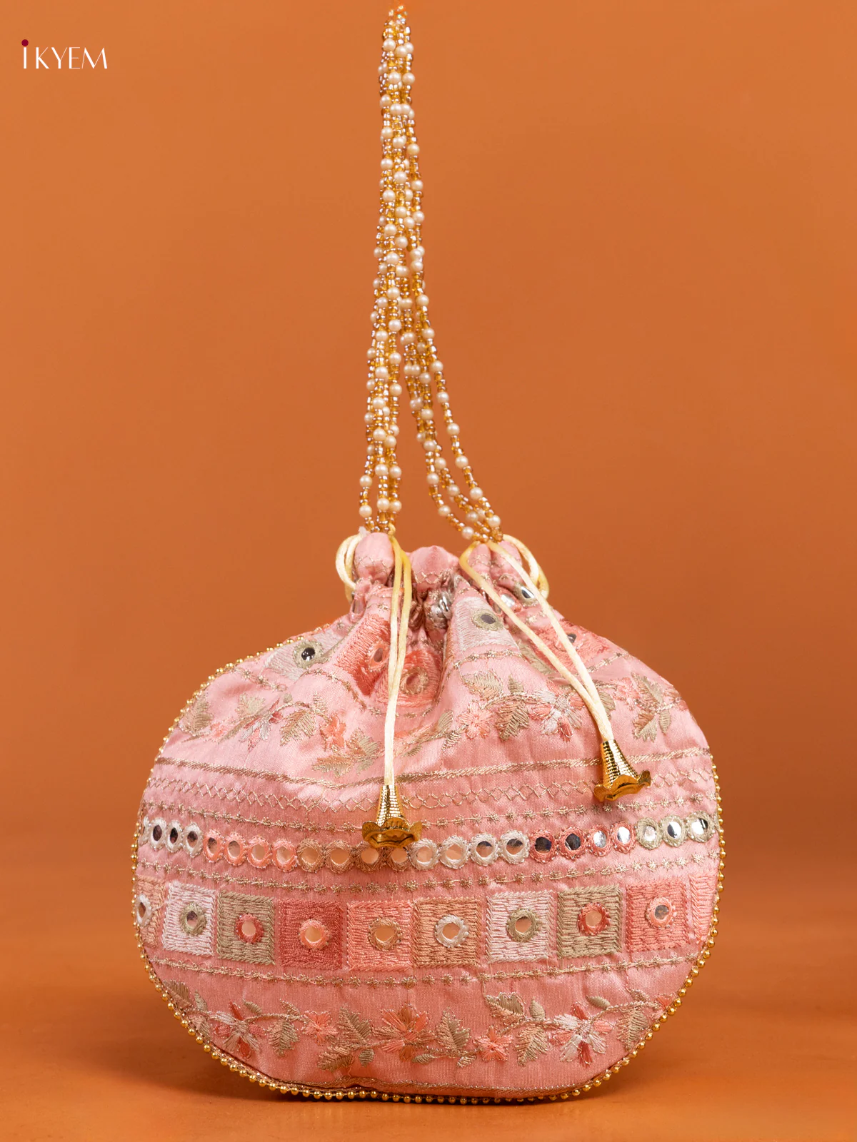 Embroidered Floral Design Gold Zari Potli Bag - Baby Pink - KD26516