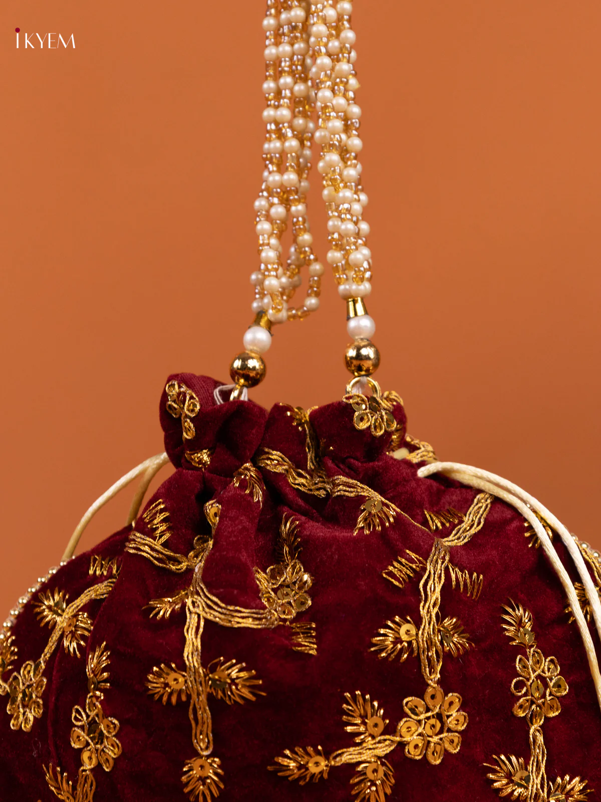 Embroidered Floral Design Gold Zari Potli Bag - Brown - KD26532 - Image 2