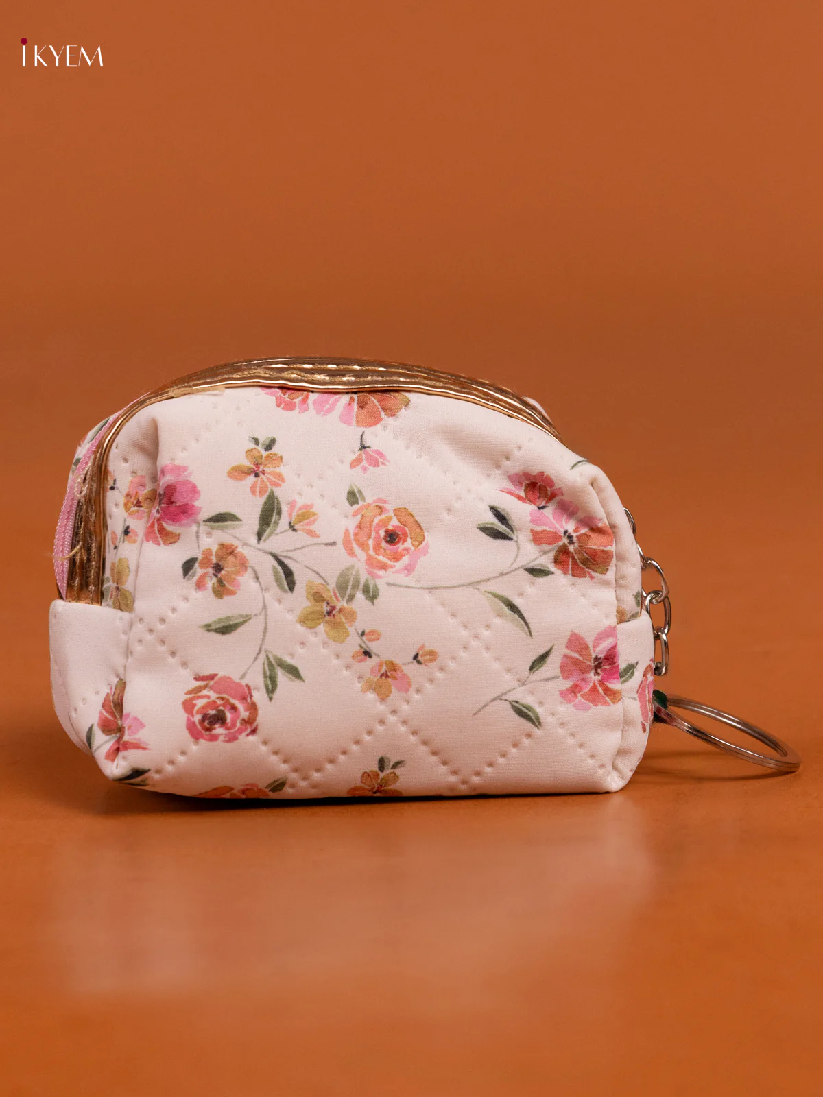 Floral Printed Small Coin Pouch with 1 Compartment - white with Pink - KD26577