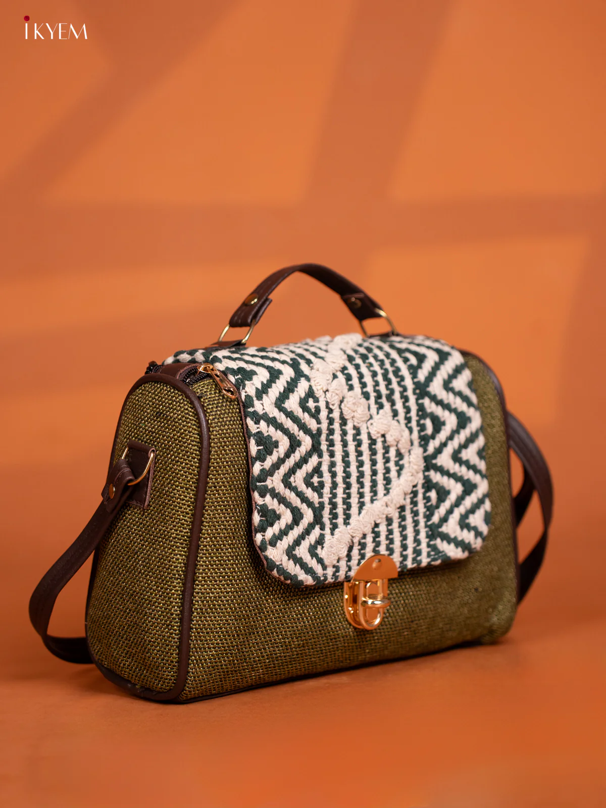 Jacquard Embroidered Gusset & Flap Leather Sling Bag with 3 Compartments - Green with White - KD26583 - Image 2