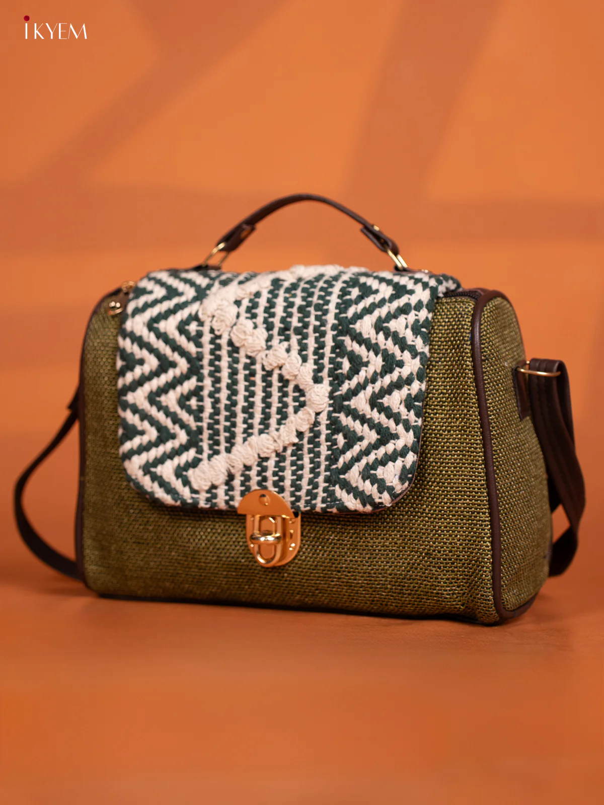 Jacquard Embroidered Gusset & Flap Leather Sling Bag with 3 Compartments - Green with White - KD26583 - Image 3