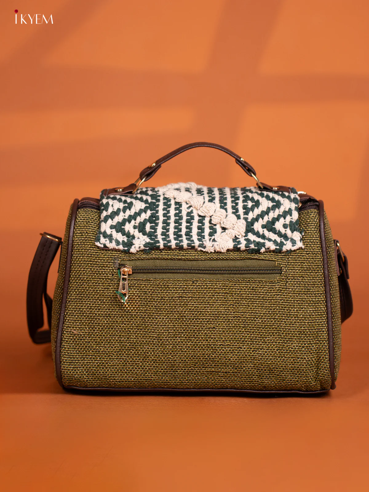 Jacquard Embroidered Gusset & Flap Leather Sling Bag with 3 Compartments - Green with White - KD26583 - Image 4