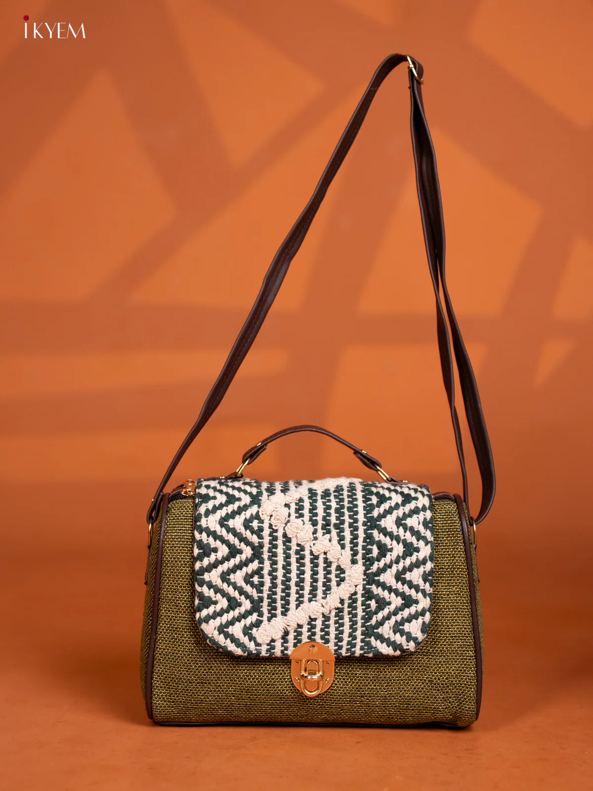 Jacquard Embroidered Gusset & Flap Leather Sling Bag with 3 Compartments - Green with White - KD26583 - Image 5