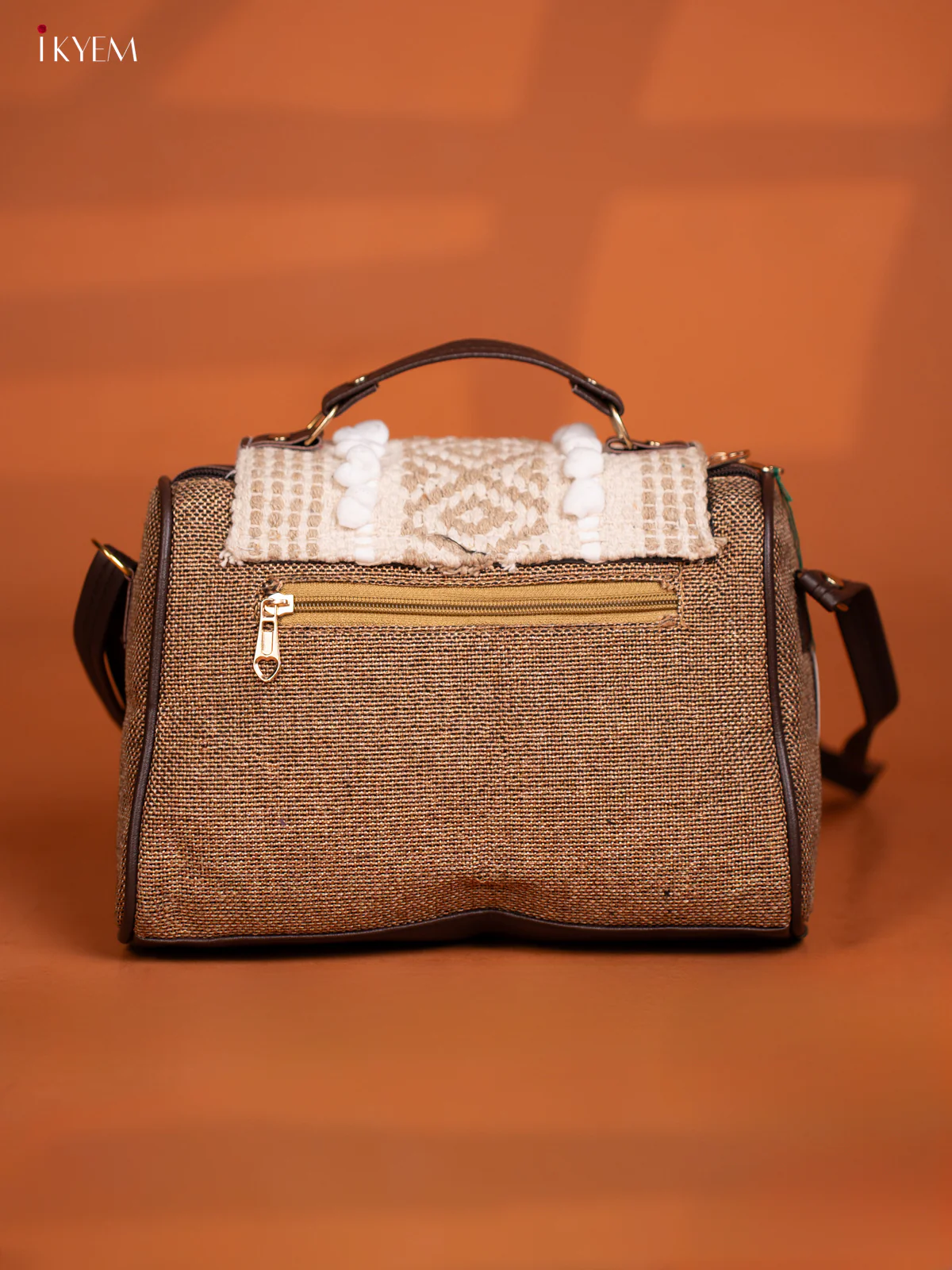 Jacquard Embroidered Gusset & Flap Leather Sling Bag with 3 Compartments - Brown with White - Image 5